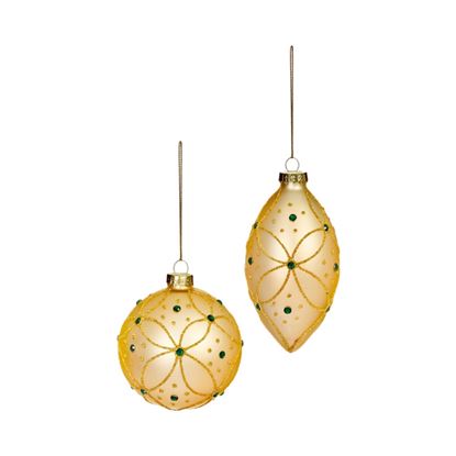 Premier-Matt-Gold-Bauble-With-Glitter-Swirl--Green-Jewels