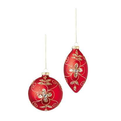 Premier-Matt-Red--Gold-Floral-Pattern-Glass-Ball-Drop