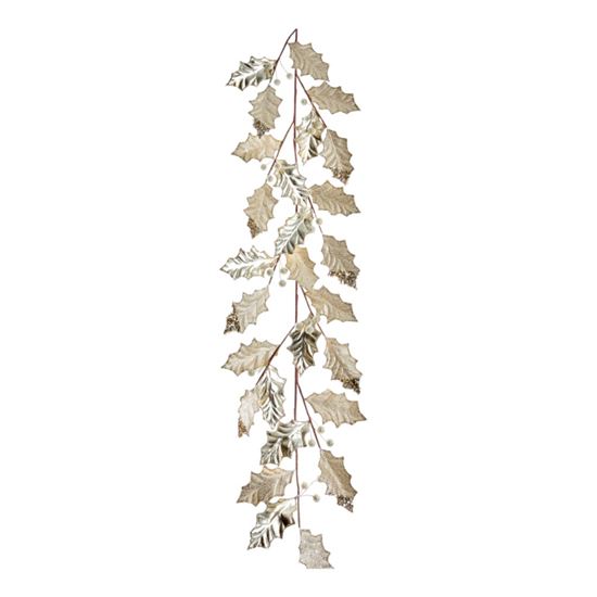 Premier-Champagne-Gold-Holly-Leaves-With-Glitter-Edge-Garland